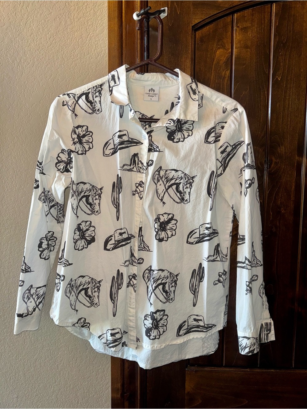 White Button-Up Shirt with Black Western Sketch Print